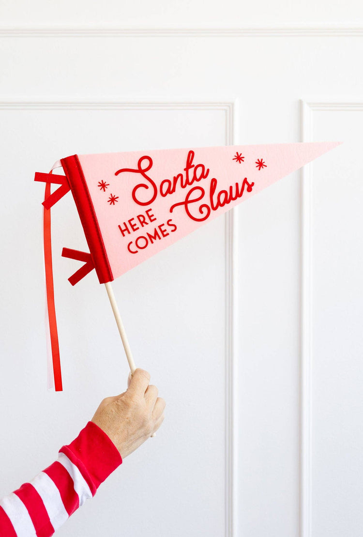 Here Comes Santa Claus Felt Pennant, Christmas Felt Pennant Banner, 15" long