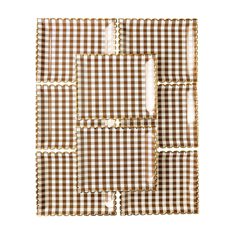 Brown Gingham Scalloped Plate, Thanksgiving Dinner Plate