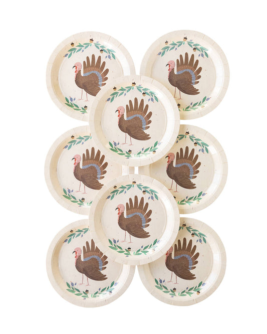 Thanksgiving Turkey Plates, Set of 8 Round Turkey Plates, 9 x9 Inches