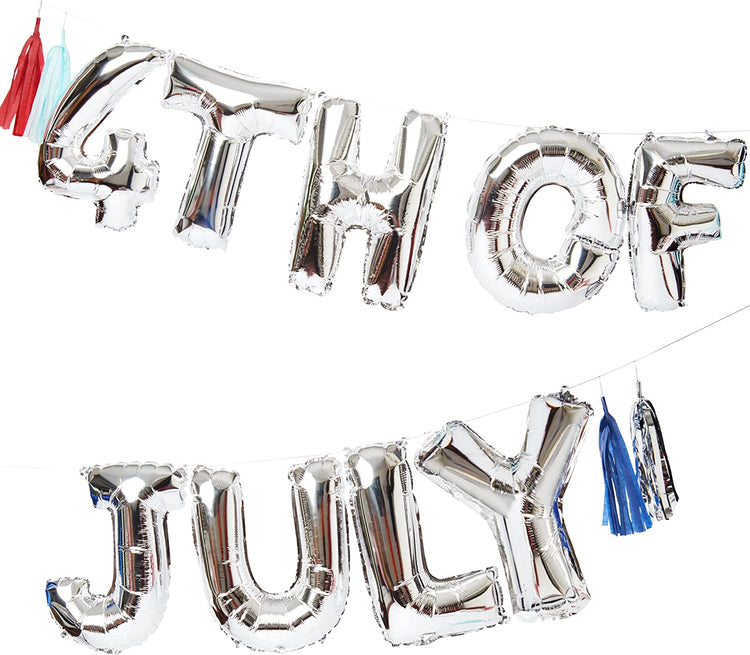 4th of July Balloon Garland Kit, Features 9 Silver Foil Balloons and 8 Tassels by Meri Meri, 18' Long - Cohasset Party Supply