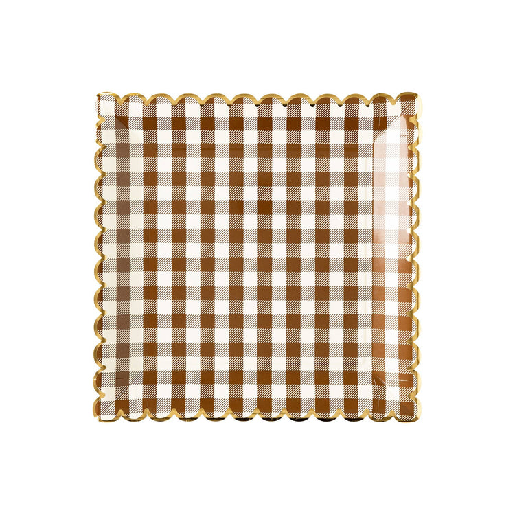 Brown Gingham Scalloped Plate, Thanksgiving Dinner Plate
