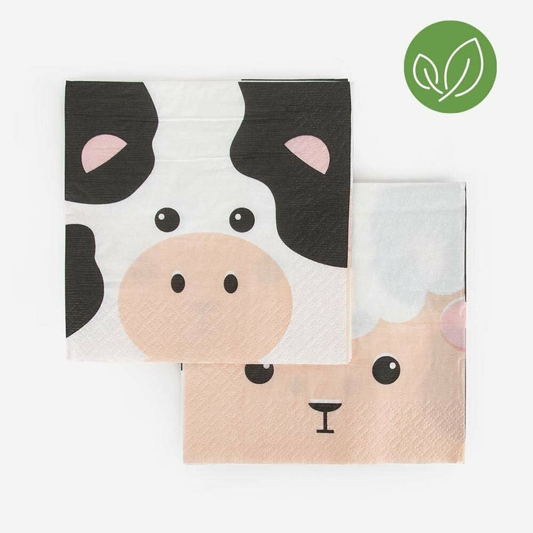 Farm Party Napkins, Set of 20 Farm Animal Paper Napkins Featuring A Cow And Sheep, From My Little Day