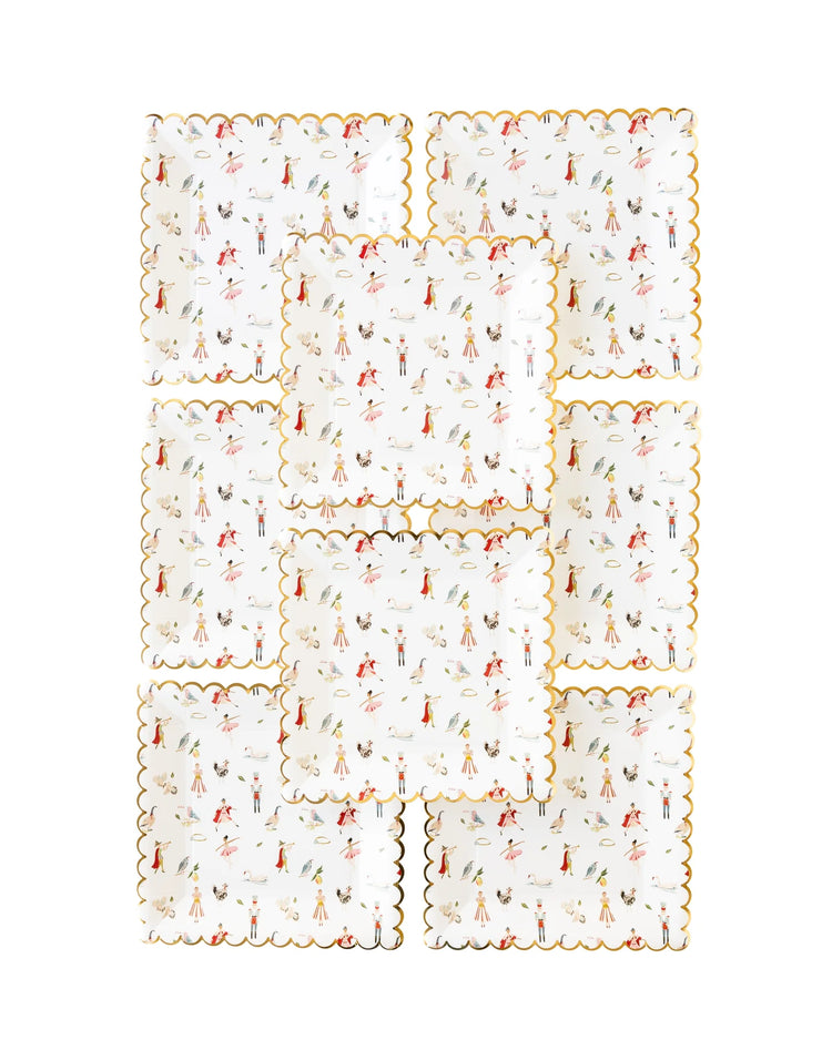 12 Days Of Christmas Scatter Pattern Paper Plate, Set of 8 Scalloped Paper Plates with Gold Foil Trim 9" x 9"