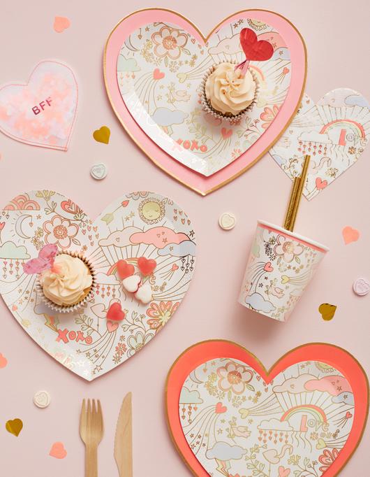 Valentine Doodle Paper Cups, Set of 8 Doodle Party Cups with heart, cloud, rainbow and flower illustrations, By Meri Meri