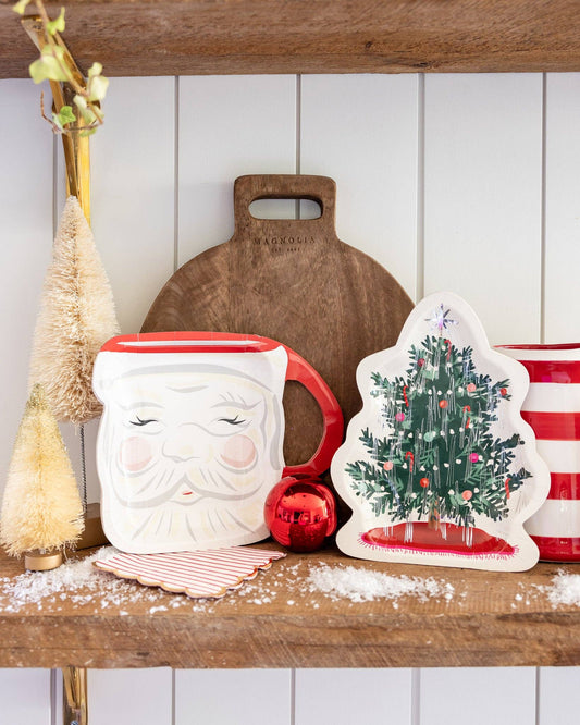 Christmas Baubles Santa Face Mug Shaped Paper Plate, Set of 8 Santa Mug Plates, 9 x 7.5 inches
