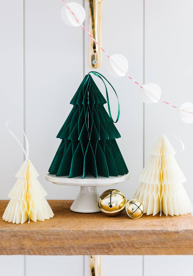 Green & Cream Honeycomb Trees, Beautiful Christmas Decor, Set of 3 Paper Honeycomb Trees