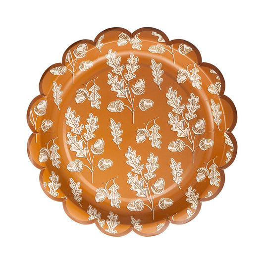 Thanksgiving Plate | Acorns Scalloped Circle Paper Plate | Set of 8 Shaped Paper Plates
