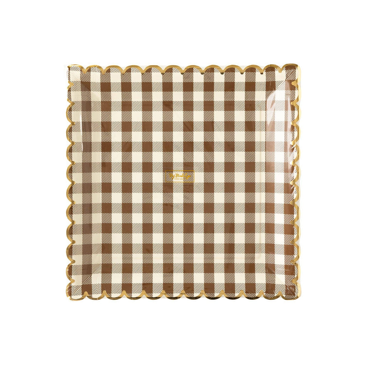 Brown Gingham Scalloped Plate, Thanksgiving Dinner Plate