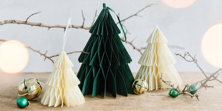 Green & Cream Honeycomb Trees, Beautiful Christmas Decor, Set of 3 Paper Honeycomb Trees