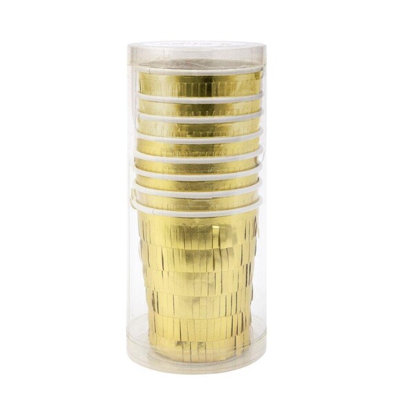 Gold Fringe Party Cups, Set of 8 Gold Tumbler Paper Cups with Gold Foil Fringed Sleeve by Meri Meri, Holds 9 Ounces - Cohasset Party Supply