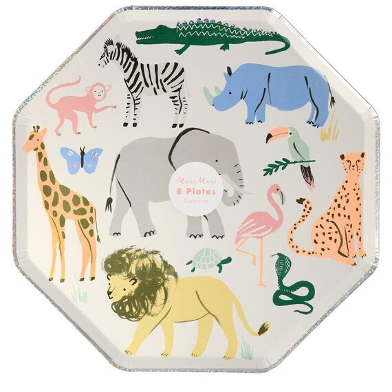 Safari Animal Paper Plates, Set of 8 Large Animal Dinner Plates from the Meri Meri Safari Animal Print Collection - Cohasset Party Supply