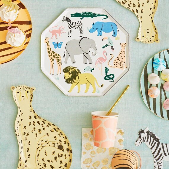 Safari Cheetah Paper Plates, Set of 8 Die-Cut Cheetah Party Plates from the Meri Meri Safari Animal Collection, Features Gold Foil Detail - Cohasset Party Supply