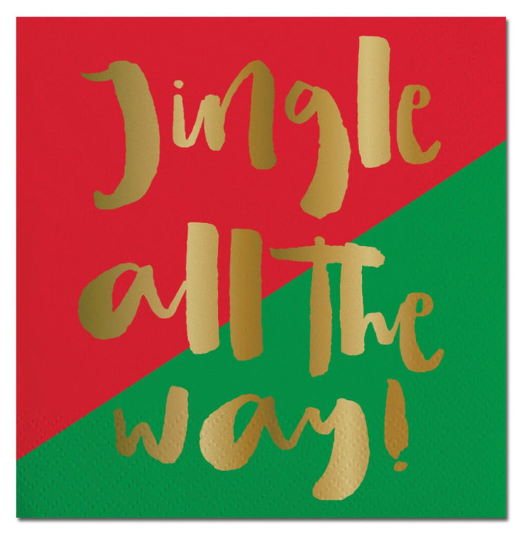 Jingle All The Way Cocktail Napkins, Set of 20 Gold Foil "Very Merry" Red & Green Christmas Napkins