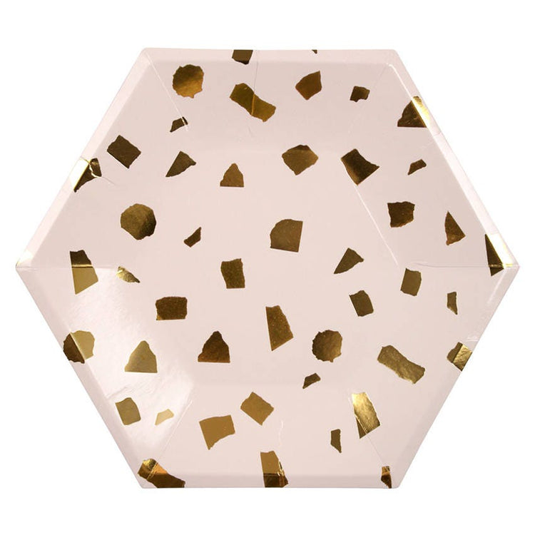 Gold and Pink Large Paper Plates, Set of 8 Shiny Gold Foil Terrazzo Blush Party Plates, Dimensions: 9" x 9"