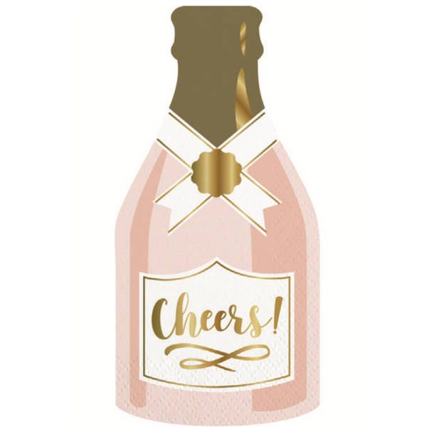Champagne Bottle Napkins, Set of 20 Light Pink Die-Cut Champagne Bottle Napkins With Gold Foil Details, Perfect for any celebration!