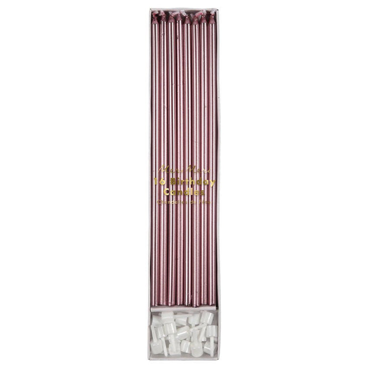 Metallic Pink Long Candles, Set of 16 Tall Shiny Pink Birthday Candles, Includes 16 Plastic Candle Holders