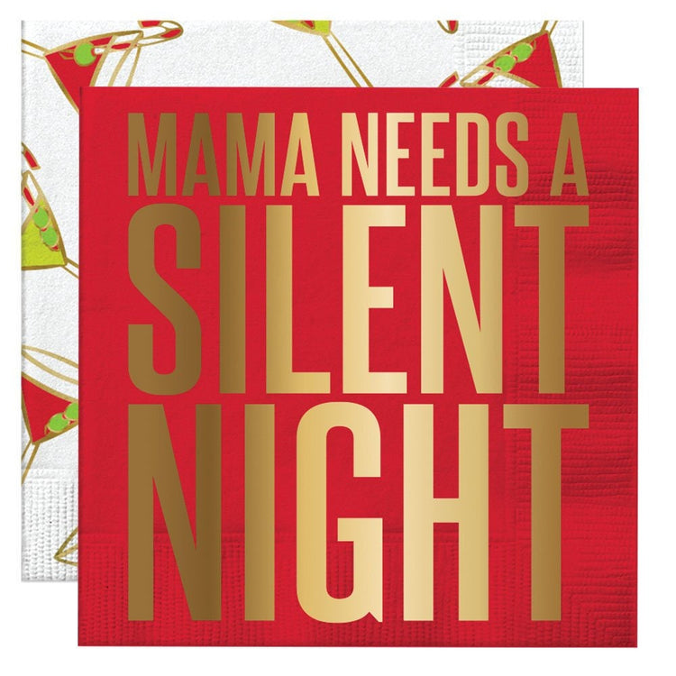 Mama Needs a Silent Night Cocktail Napkins, Set of 20 Red Beverage Napkins, Gold Foil Lettering, Back of napkin has martini drink design