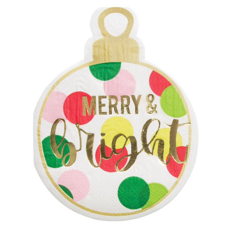 Gold Foil Die-Cut Ornament Cocktail Napkins, Set of 20 "Merry & Bright" Christmas Ornament-Shaped Napkins, Festive for a holiday party!