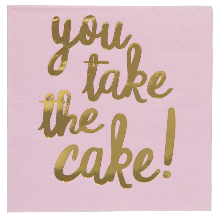 You Take the Cake! Gold and Pink Cocktail Napkins, Set of 20 Gold Foil and Pink Napkins, Fun touch for birthday parties
