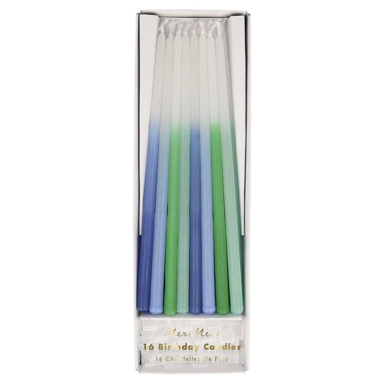 Blue & Green Dipped Tapered Candles, Set of 16 Large White, Blue, and Green Birthday Candles in a Range of Shades