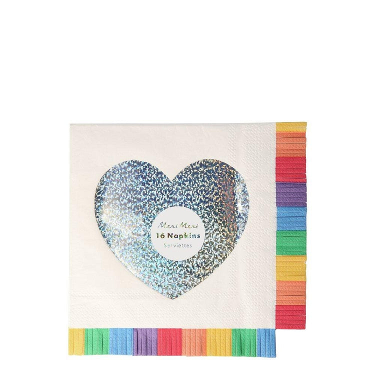 Rainbow Fringe Large Napkins, Set of 16 Large Silver Sparkle Heart Paper Napkins with a Rainbow Fringe Edge by Meri Meri