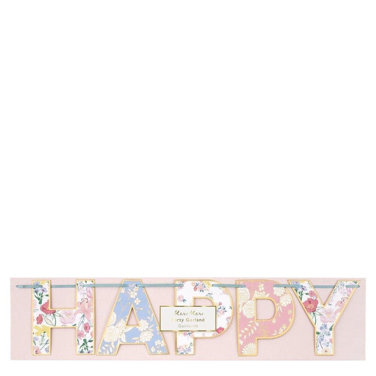 English Garden Happy Birthday Garland, Large Floral Birthday Pennant, 6 Feet Long
