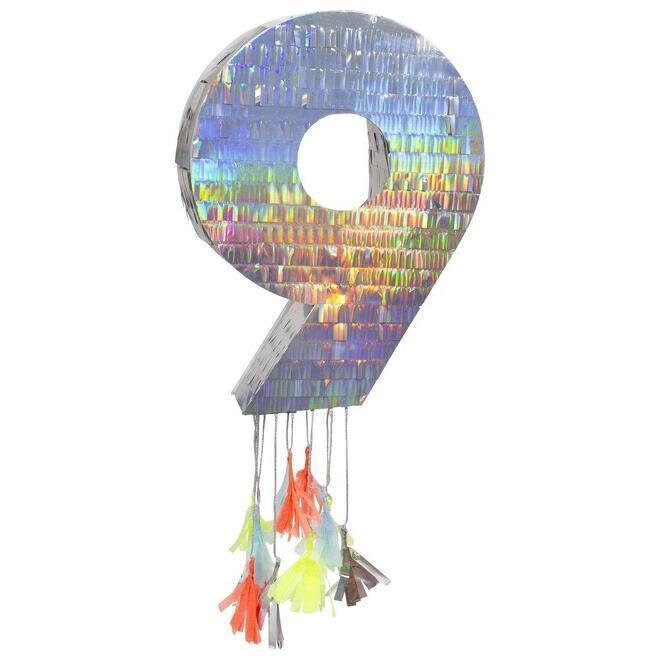 Number Birthday Piñatas, Large Silver Holographic Number Piñatas with Decorative Colorful Tissue Tassels by Meri Meri, 0-9 available