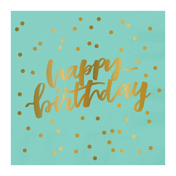 Mint Happy Birthday Cocktail Napkins with Gold Foil, Set of 20 Polka Dot Happy Birthday Napkins