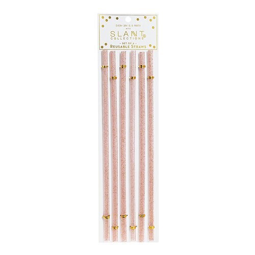 Reusable Pink and Gold Glitter Straws, Set of 6 Acrylic Straws, 11 Inches Tall