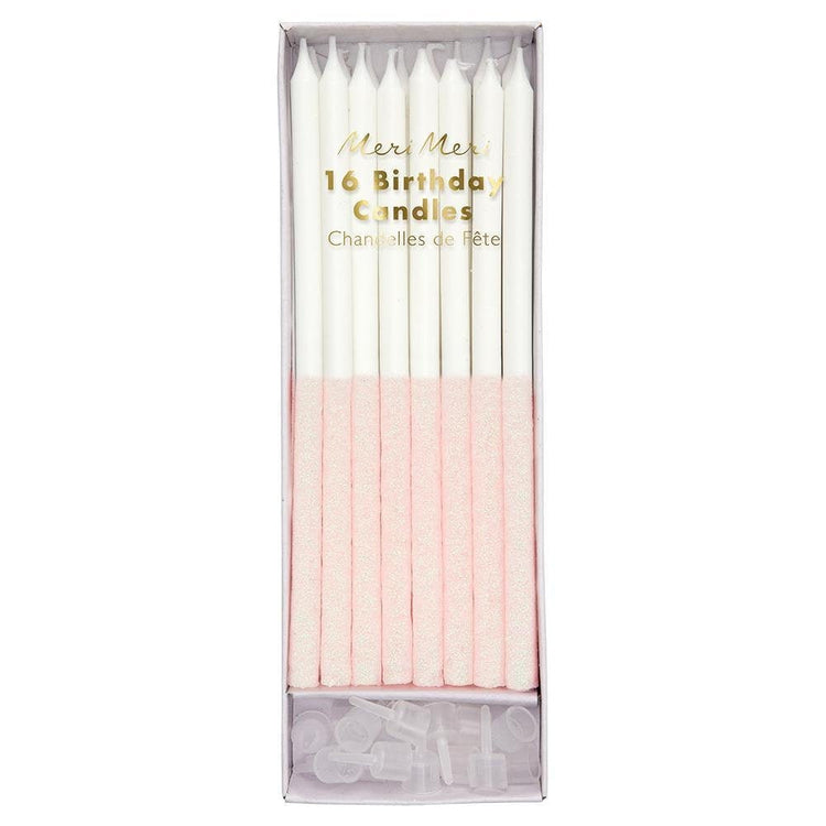 Light Pink Glitter Dipped Candles, Set of 16 Tall White Birthday Candles Dipped in Sparkling Light Pink Glitter