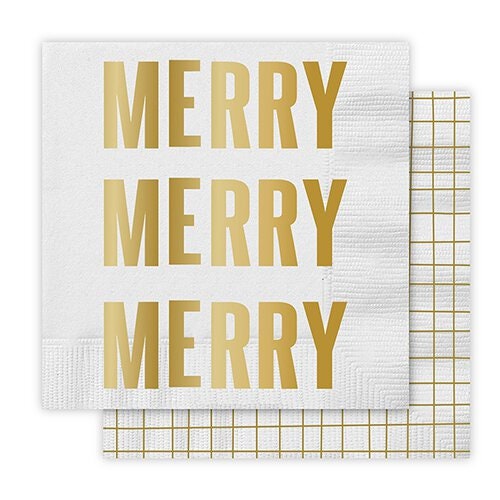 Merry Cocktail Napkins, Set of 20 Gold Foil "Merry Merry Merry" Christmas Napkins, Gold Windowpane Pattern on Back