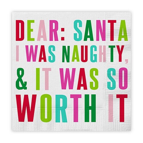 Dear Santa Cocktail Napkins, Set of 20 Rainbow Text Christmas Napkins, "Dear Santa, I was naughty and it was so worth it"