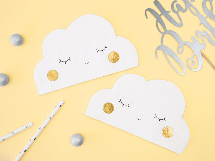 Cloud Shaped Napkins, Set of 20 Cloud Napkins with a Sleeping Smiley Face, Perfect Touch for a Baby Shower or Spring Birthday