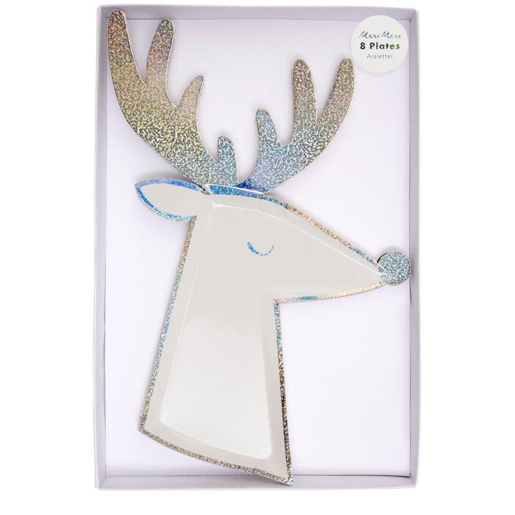 Reindeer Plates, Set of 16 Meri Meri Die-Cut Reindeer with Bow Plates, Gold Foil Details