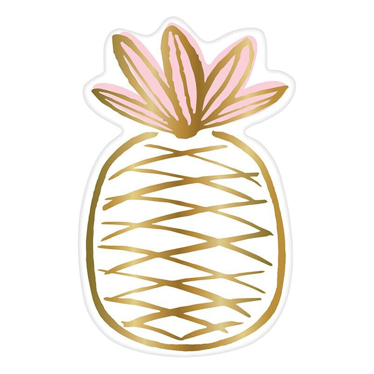 Gold Foil Pineapple Paper Plates with Pink Accents, Set of 8 Shiny Gold Pineapple-Shaped Plates