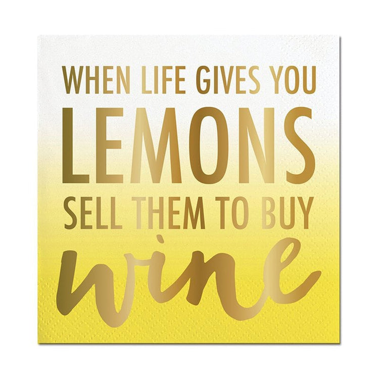 When Life Gives You Lemons Sell Them To Buy Wine, Set of 20 Yellow Ombre Napkins with Gold Foil Lettering