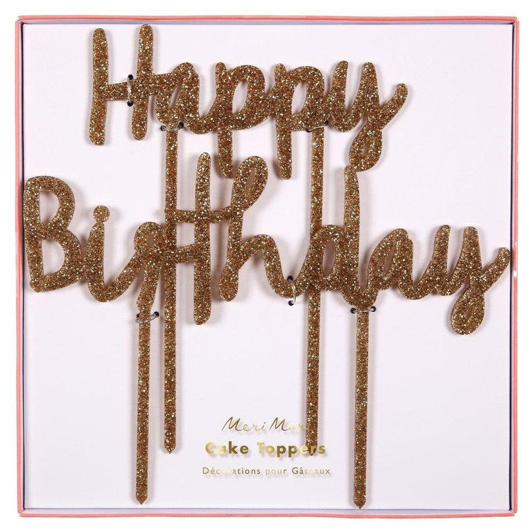 Happy Birthday Gold Glitter Acrylic Cake Topper, Set of 2 Birthday Cake Toppers