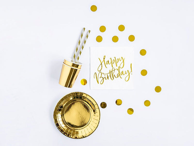 Gold Birthday Kit, Set Includes Gold Birthday Banner, 6 Plates, 6 Cups, 10 Paper Straws, 20 Napkins, 16 Balloons, and 15 Grams of Confetti