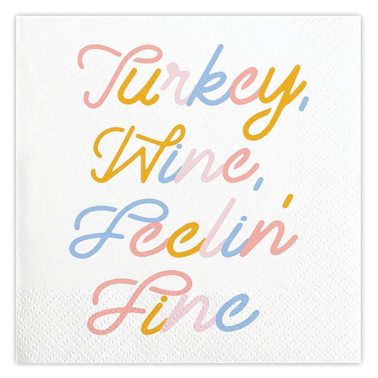 Thanksgiving Cocktail Napkins, Set of 20 Thanksgiving Napkins With Text "Turkey, Wine, Feelin' Fine"