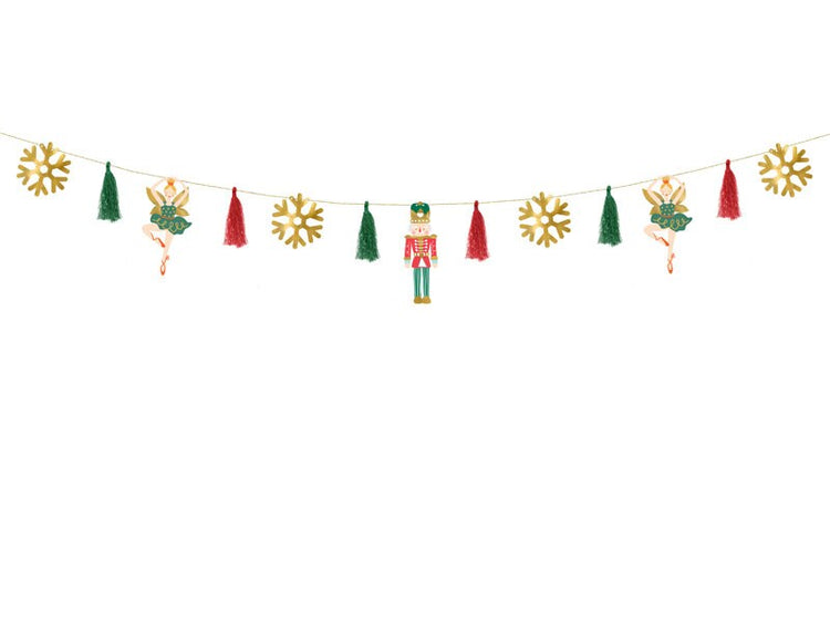 Nutcracker Paper Garland, Christmas Garland DIY Kit Includes set contains: 6 Tassels, 7 paper tags, and 10 Feet of Gold String.