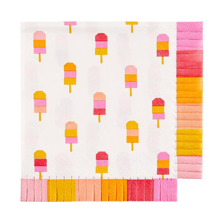 Ice Cream Fringed Paper Napkins, Set of 20 Pink and Orange Ice Cream Themed Party Napkins