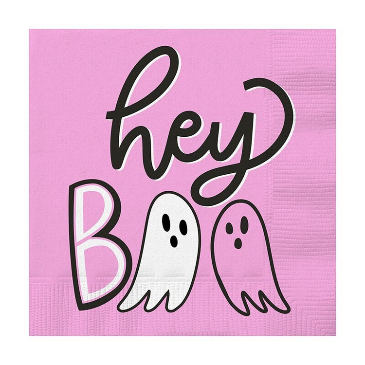 Hey Boo Halloween Napkins, Set of 20 Halloween Pink Paper Napkins with Adorable Ghosts