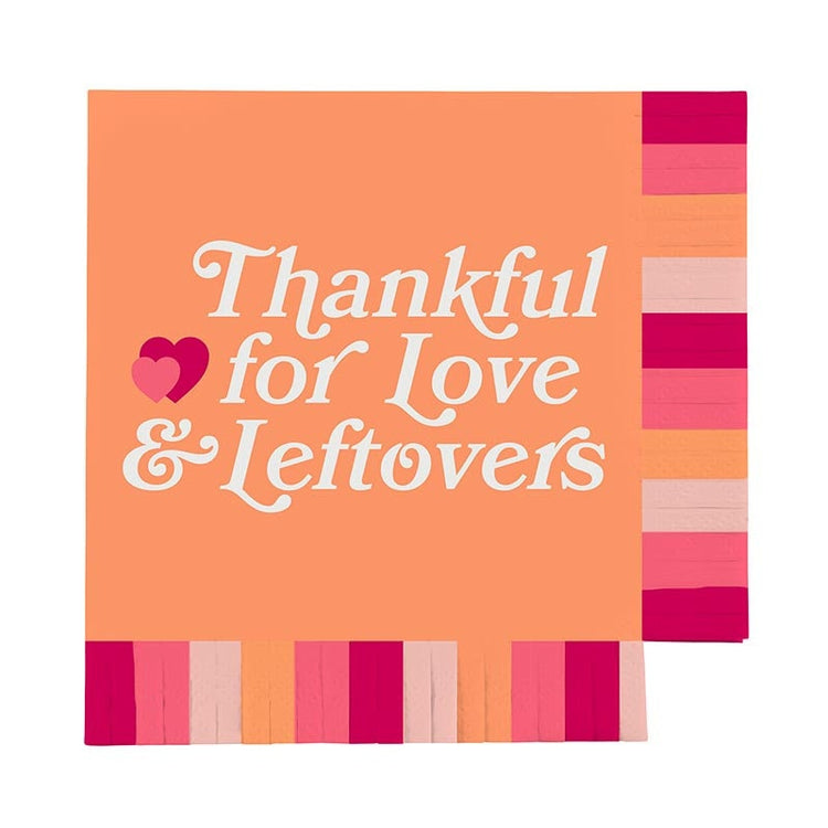 Thankful for Love and Leftovers Cocktail Napkins, Set of 20 Thanksgiving Napkins With Colorful Fringe Edge