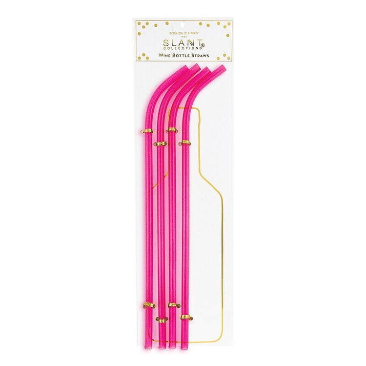 Wine Bottle Straws, Set of 4 Reusable Bright Pink and Gold Glitter Large Straws, 15 Inches Tall, Fits Right Into a Bottle of Wine!