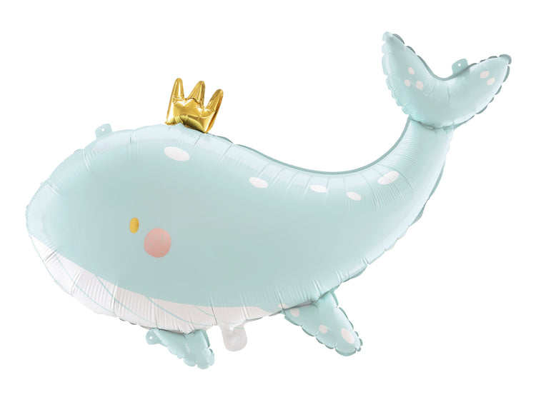 Whale Balloon, Large Mylar Blue Whale Balloon, 30" Long with Gold Foil Crown