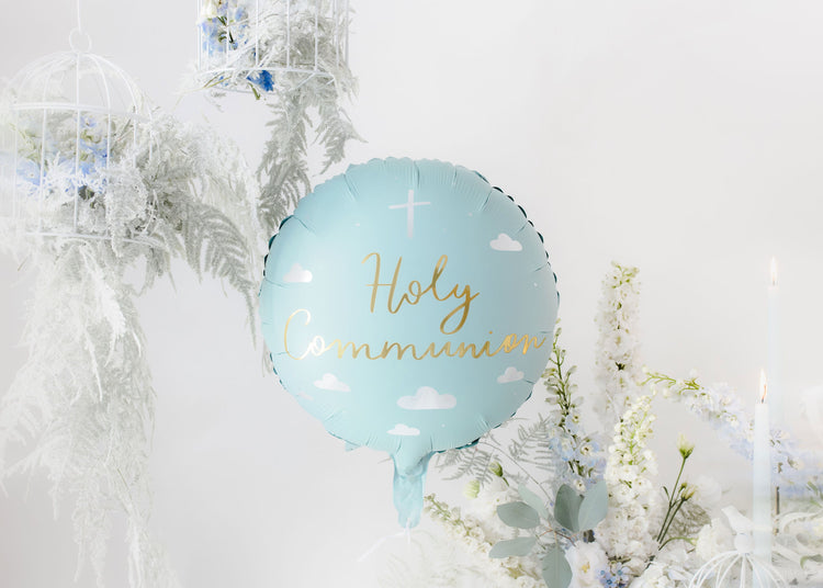 First Communion Balloon, Blue Mylar Balloon for First Holy Communion Celebration, Gold Foil Details