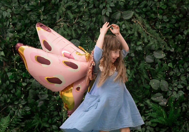 Butterfly Balloon, Mylar 43" Lady Bug Balloon with Gold Foil Details, Inflate with Helium or With a Straw, Great for a Woodlands Birthday
