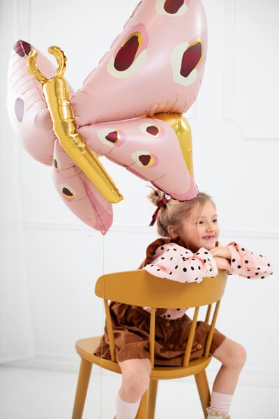 Butterfly Balloon, Mylar 43" Lady Bug Balloon with Gold Foil Details, Inflate with Helium or With a Straw, Great for a Woodlands Birthday