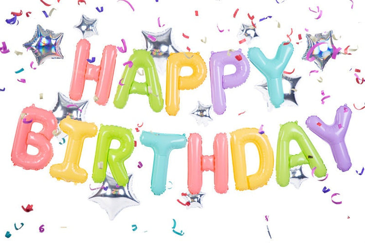 Neon Pastel Happy Birthday Balloon Letters with 14" Balloons, Birthday Ballon Kit Includes 13 Mylar Letter & 2 Silver Star Balloons