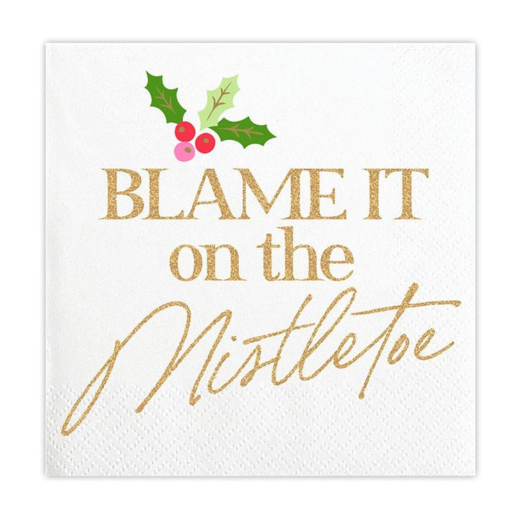 Funny Christmas Cocktail Napkins, Set of 20 Gold Foil Christmas Napkins with Text "Blame it on the Mistletoe"
